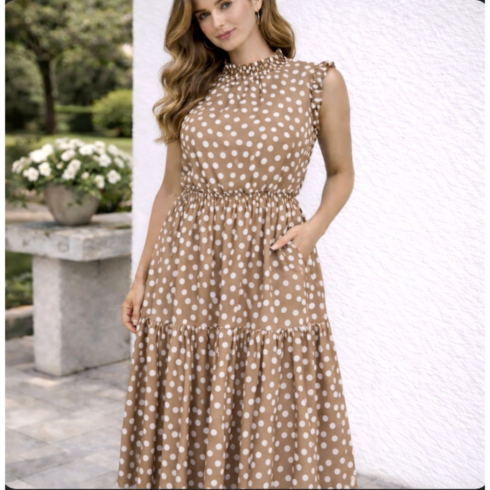 J CREW Midi Dress XS Sleeveless Smocked Polka Dot‎ Brown White Cabincore Cottage